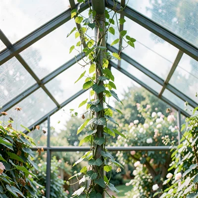 Botanical of a climbing vine reaching up the inside of a glass roof