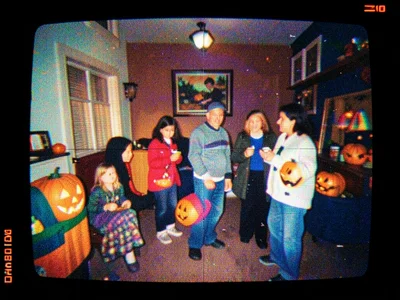 VHS recording of halloween night trick-or-treating, shaky camera, degraded tape