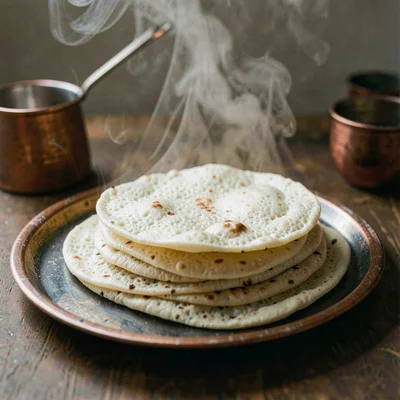 Intimate warm-toned photograph, Stack of injera flatbreads on round serving tray