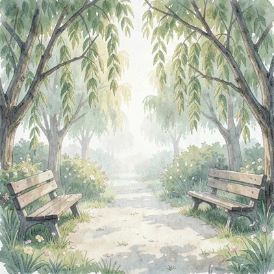 Quiet pre-open garden in early morning, empty benches with morning haze through