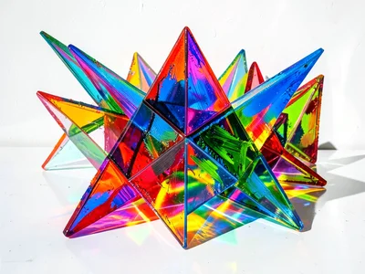 Geometric glass prisms refracting rainbow light on a white surface