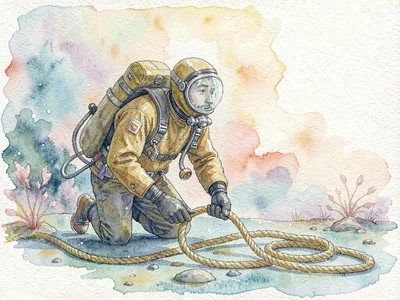 Profile of vintage diver dragging coiled rope across the implied seabed, helmet 