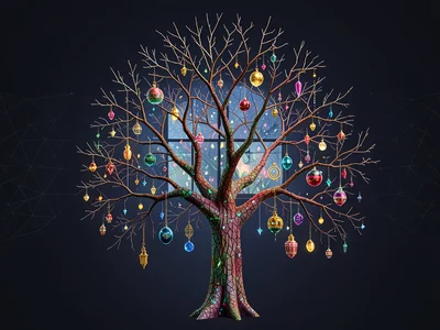 Bare tree transforming to fully decorated, ornaments visible, window reflection
