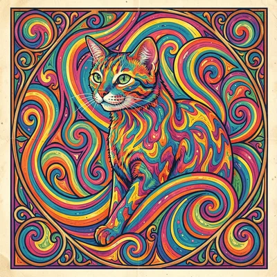 Psychedelic poster illustration, a cat with fur patterns flowing like liquid , v