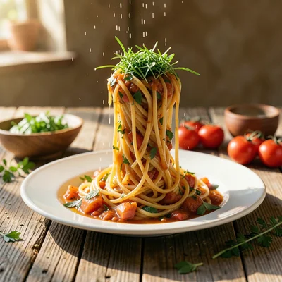 Spaghetti cooked but standing straight up from plate like grass, sauce rain