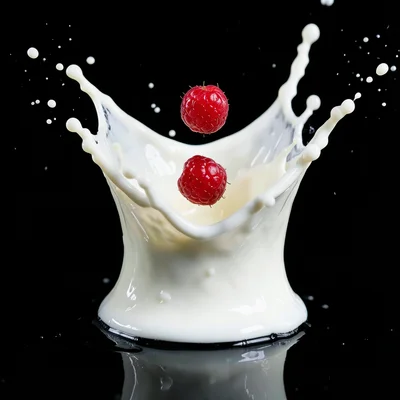 Crown of milk splashing upward with a single red berry falling through it, froze