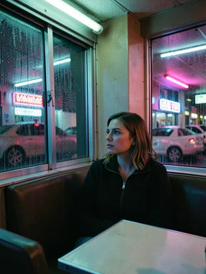 Woman alone in diner booth with neon light on her face