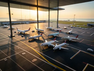 Airport tarmac from tower, tilt-shift making planes look like die-cast models