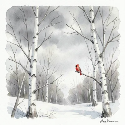 A winter scene: bare birch trees, their white bark painted as reserved paper, gr