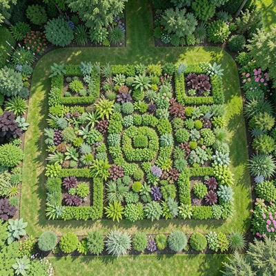 QR code made of arranged living plants in garden, scannable, aerial view