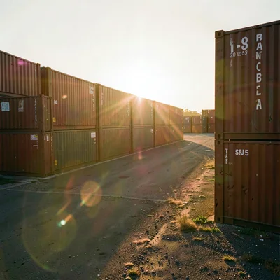 Industrial shipping container yard bathed in golden hour amber light