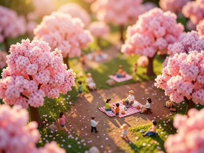 Cherry blossom park from above, tilt-shift, pink toy-like trees, tiny picnickers