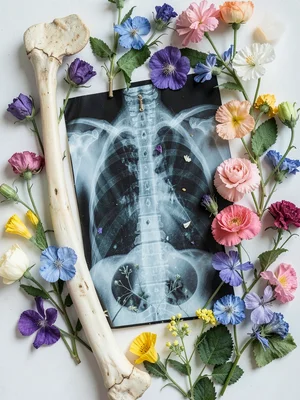 Bones and flowers arranged together - actual x-ray films layered with real press