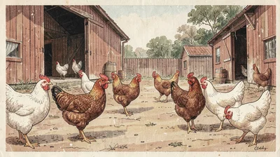 Casein illustration, chickens in barnyard , milk-based paint, vintage matte fini