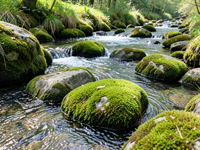 Moss-covered river stones in summer stream, water flowing over green cushions