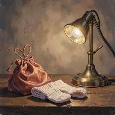 Warm twilight hero of a folded pair of stockings beside a silk pouch, single bra