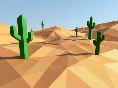 A low-poly desert landscape with cactus silhouettes as angular green forms and s