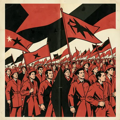 Soviet constructivist poster illustration, a crowd marching with banners aloft ,