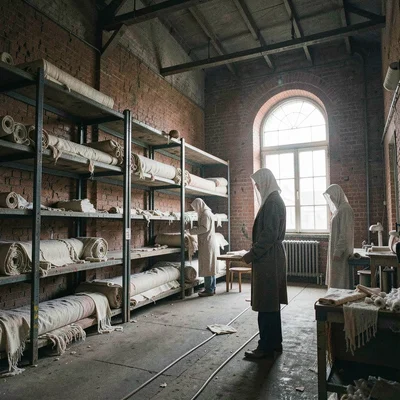 Textile factory ghosts in industrial Łódź, textile warehouse shelves empty excep