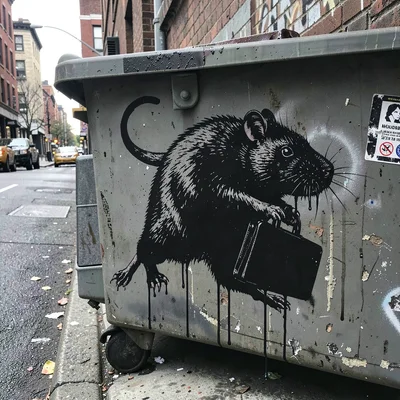 Rat carrying a briefcase, stencilled on a dumpster side in black, city lane visi