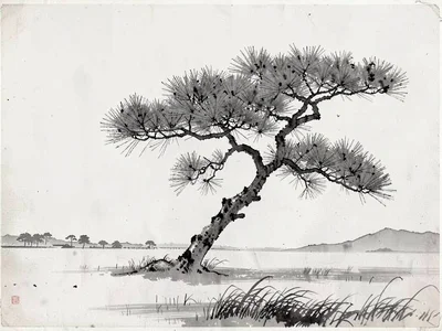 Single pine branch crossing empty fog field