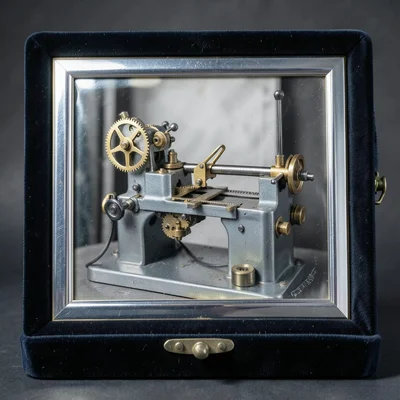 A watch-making lathe with brass gears and micro-tools arranged on the carriage, 