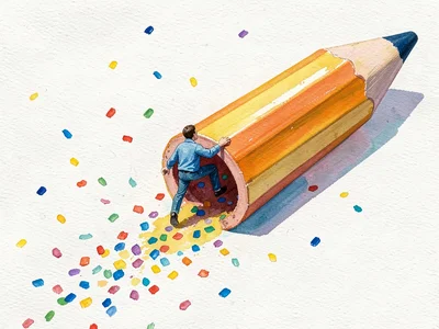 Climbing inside a giant gouache pencil tipped on its side, a figure trails confe