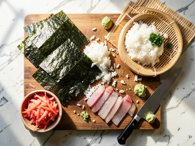 A sushi-making setup: nori sheets, rice, fish slices, a bamboo mat, wasabi, pick