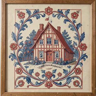Scandinavian rosemaling illustration, traditional house blessing with flower bor