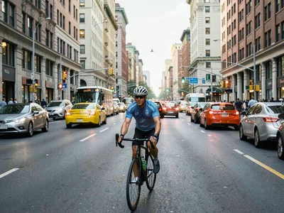 Cyclist through urban traffic