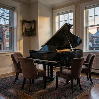 Atmospheric corner of a townhouse drawing room with a grand piano and four chair