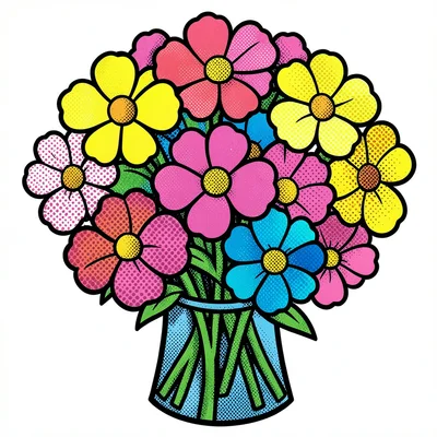 Bouquet of flowers — each bloom flat color with halftone shadow dots