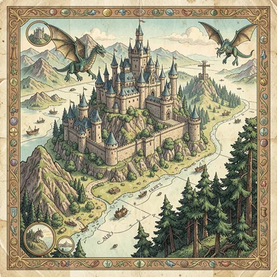 Illustrated map illustration, Fantasy kingdom with castle, dragon, and forest , 
