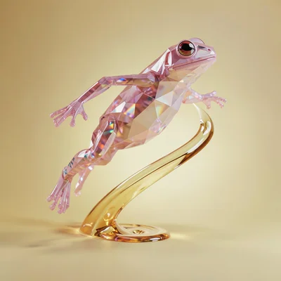 Pink rose-quartz frog mid-leap above a citrine gradient backdrop with a warm amb