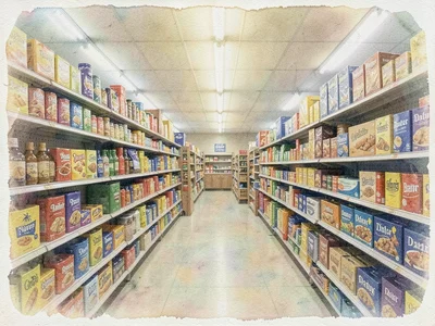Dollar store aisle, fluorescent lights over cheap goods stacked high, gum bichro