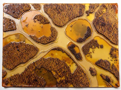 A wetland ecosystem from above with channels, pools, and reed beds creating orga