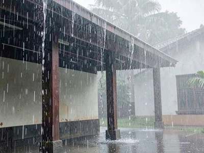 Building eaves creating waterfalls