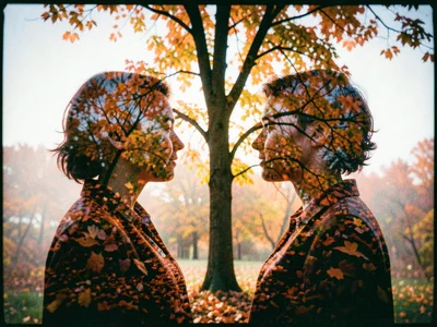 A couple's silhouettes filled with autumn leaves, their profiles facing each oth
