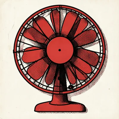 Electric fan viewed straight-on, flat red body, halftone dot shadow