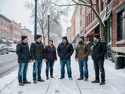 Adults pausing on sidewalk, collective moment of noticing, city slowing down