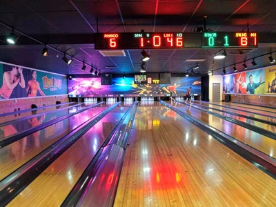 Bowling alley with neon scoring