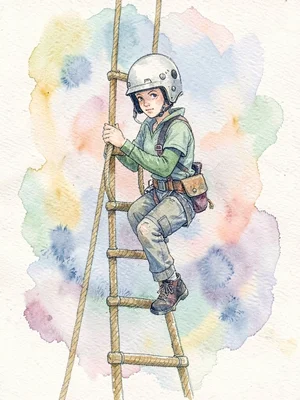 Solitary climber on rope ladder mid-frame, helmet partly turned toward viewer, g