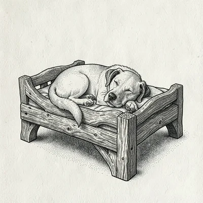 Pen-and-ink illustration of a dog asleep on a sturdy oak bed, fine cross-hatchin