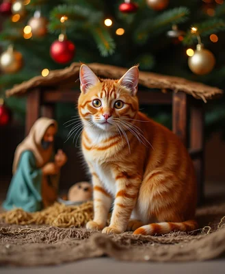 Orange cat sitting in nativity scene under a chris