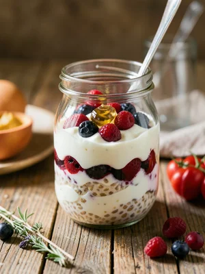 Bowl of overnight oats layered with yogurt, honey, and mixed berries in a mason 