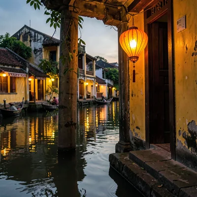 Hoi An lantern glow, silk amber on water, single orange lantern hanging in doorw