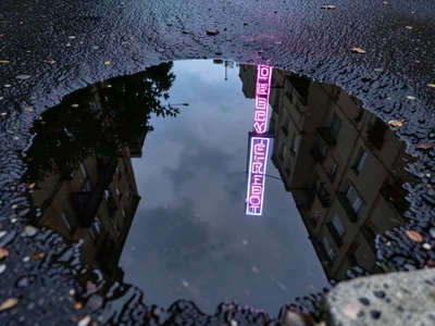 Neon sign perfectly reflected in still puddle on black asphalt, inverted glowing