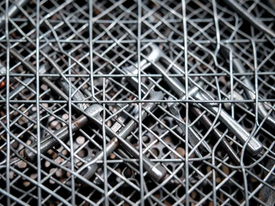 Woven wire toolbox sculpture, miniature hammers and wrenches inside