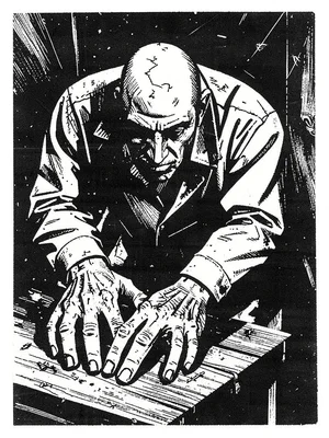 Worker hunched over a table, hands large and angular, face in harsh shadow
