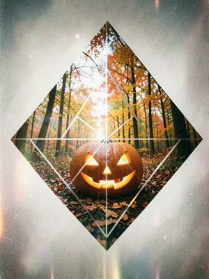 Double exposure of jack-o-lantern with autumn forest, geometric overlay
